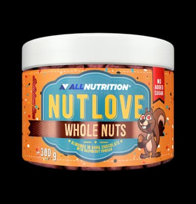 Nutlove Whole Nuts, Almonds in Dark Chocolate with Raspberry Powder