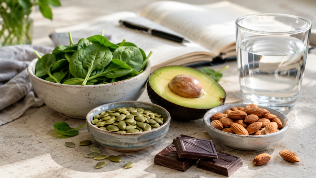 Skålar med babyspenat, mandlar och pumpafrön – naturliga råvaror rika på magnesium.
